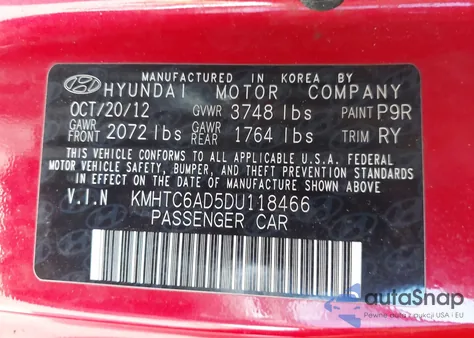 2013 Hyundai Veloster Base W/Black from USA, damaged, VIN KMHTC6AD5DU118466